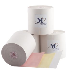 3" (77mm) x 70' (22m) 3-Ply Carbonless Paper (50 rolls / case) - White / Canary / Pink